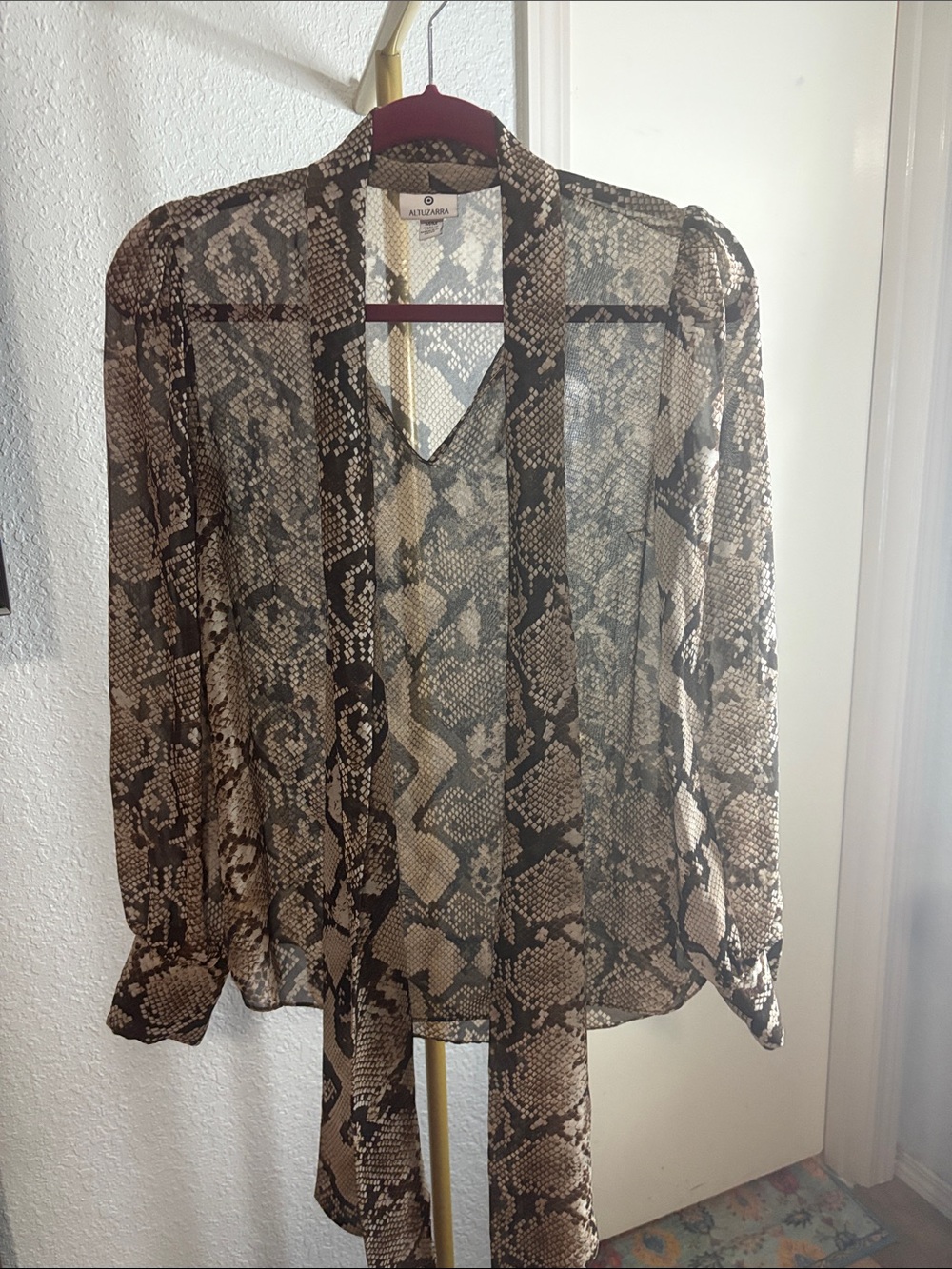 Altuzarra For Target Sheer Snake-Print Tie-Neck Blouse in Brown and Cream